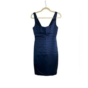 Vintage Cache Navy Blue Satin Dress Bodycon Cocktail Party Mini Size 6 romantic